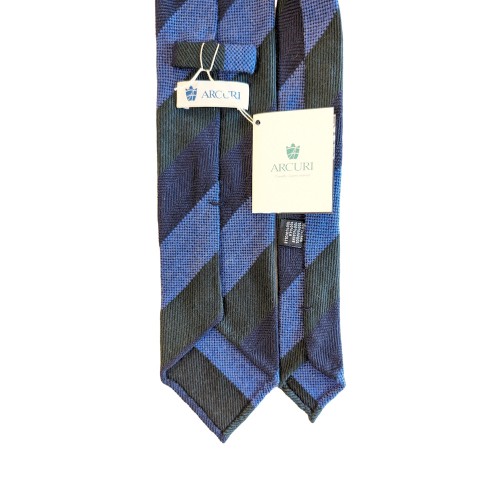 Arcuri Cravatte Handrolled Unlined Wool Stripe Tie - Forest Green Sky Navy Blue- Made in Italy