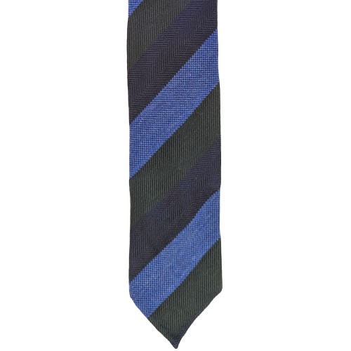 Arcuri Cravatte Handrolled Unlined Wool Stripe Tie - Forest Green Sky Navy Blue- Made in Italy