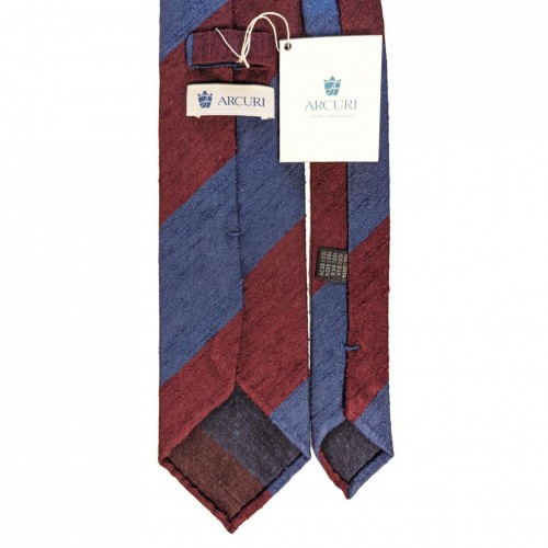 Arcuri Cravatte Handrolled Unlined Shantung Silk Block Stripe Tie - RAF Blue Burgundy - Made in Italy