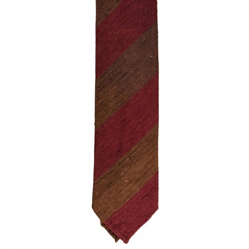 Arcuri Cravatte Handrolled Unlined Shantung Silk Block Stripe Tie - Taupe Burgundy - Made in Italy