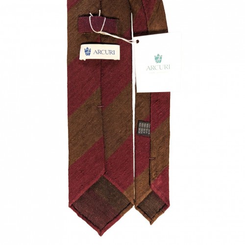 Arcuri Cravatte Handrolled Unlined Shantung Silk Block Stripe Tie - Taupe Burgundy - Made in Italy