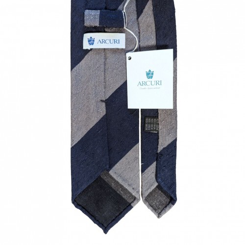 Arcuri Cravatte Handrolled Unlined Shantung Silk Block Stripe Tie - Navy Blue Grey - Made in Italy