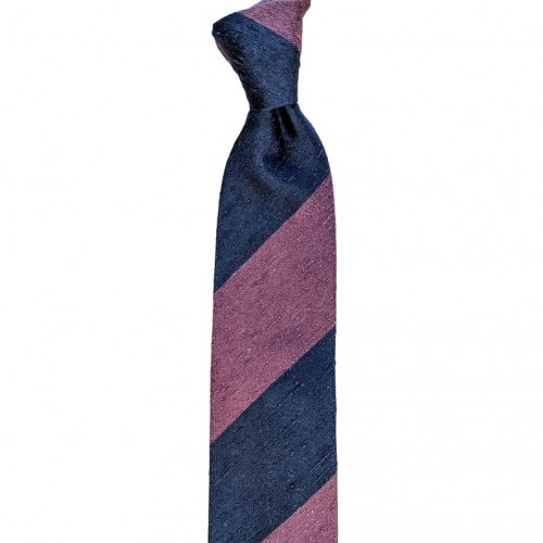 Arcuri Cravatte Handrolled Unlined Shantung Silk Block Stripe Tie - Navy Blue Purple - Made in Italy