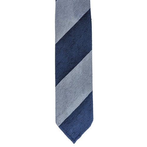 Arcuri Cravatte Handrolled Unlined Shantung Silk Block Stripe Tie - Navy Blue Grey - Made in Italy