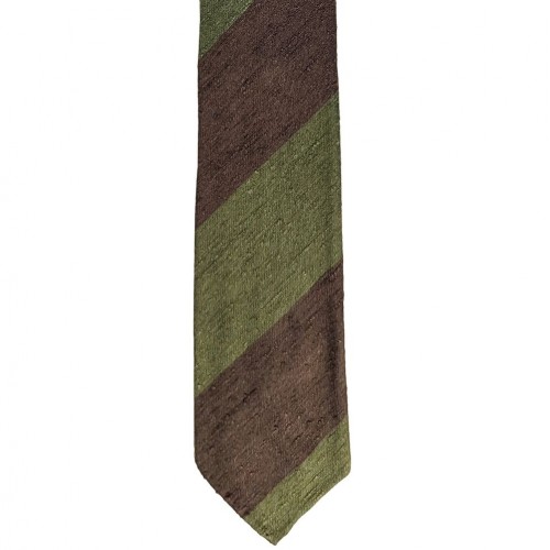 Arcuri Cravatte Handrolled Unlined Shantung Silk Block Stripe Tie - Brown Green - Made in Italy