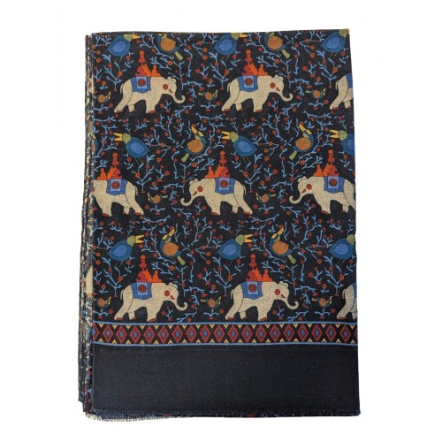 Extra Large Pure Wool Scarf - Navy Blue - Elephant Design - Arcuri Cravatte Made in Italy