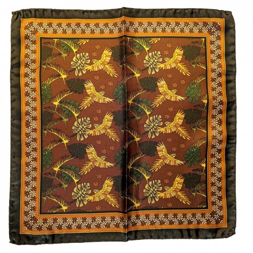 Arcuri Cravatte Pure Silk Pocket Square - Green Tan Orange Printed Birds Pattern 