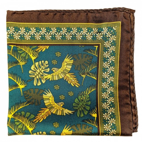 Arcuri Cravatte Pure Silk Pocket Square - Green Tan Printed Birds Pattern 