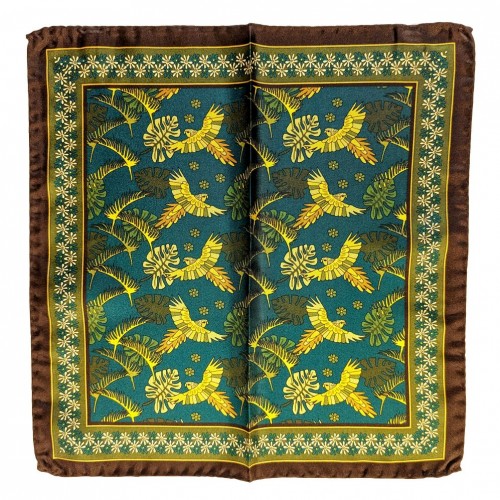 Arcuri Cravatte Pure Silk Pocket Square - Green Tan Printed Birds Pattern 