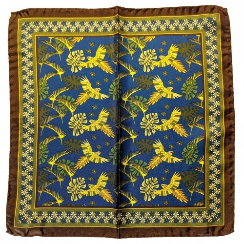 Arcuri Cravatte Pure Silk Pocket Square - Navy Tan Brown Orange Printed Birds Pattern 