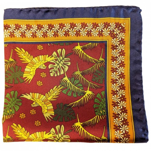 Arcuri Cravatte Pure Silk Pocket Square - Navy Blue Red Tan Printed Birds Pattern 