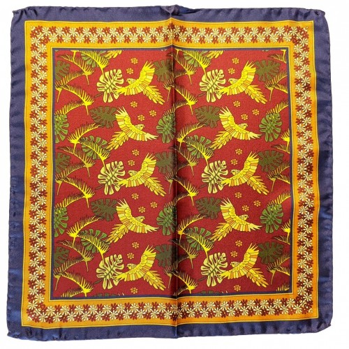 Arcuri Cravatte Pure Silk Pocket Square - Navy Blue Red Tan Printed Birds Pattern 