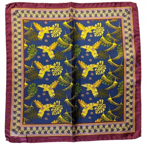 Arcuri Cravatte Pure Silk Pocket Square - Navy Purple Orange Printed Birds Pattern 