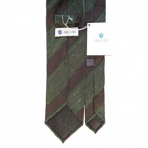 Arcuri Cravatte Handrolled Unlined Shantung Silk Stripe Tie - Green Brown - Made in Italy