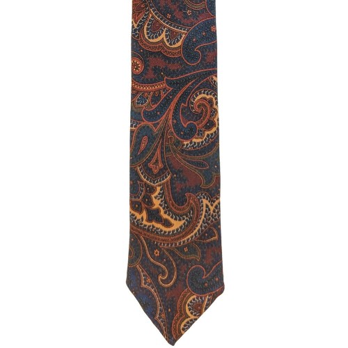 Arcuri Cravatte Handrolled Unlined Wool Paisley Multicolor Tie - Burgundy Navy Blue Green Orange Rust - Made in Italy