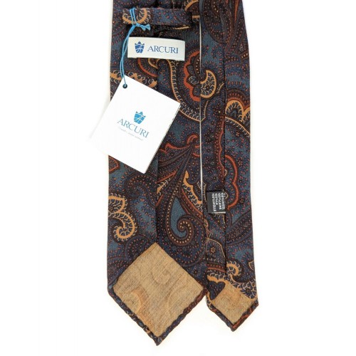 Arcuri Cravatte Handrolled Unlined Wool Paisley Multicolor Tie - Raf Blue Taupe Orange Rust - Made in Italy