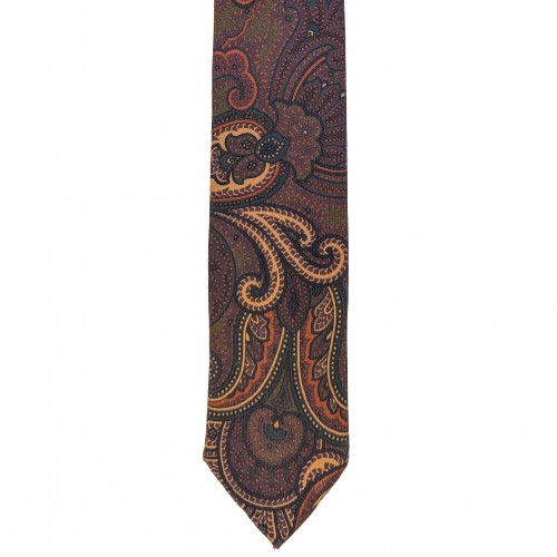 Arcuri Cravatte Handrolled Unlined Wool Paisley Multicolor Tie - Green Blue Brown Orange Rust - Made in Italy