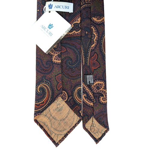 Arcuri Cravatte Handrolled Unlined Wool Paisley Multicolor Tie - Green Blue Brown Orange Rust - Made in Italy