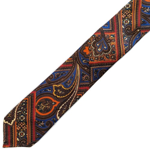 Spazio Artigianale British Silk Bespoke Handmade Sevenfold Tie Multicolor Orange Blue Gold Paisley