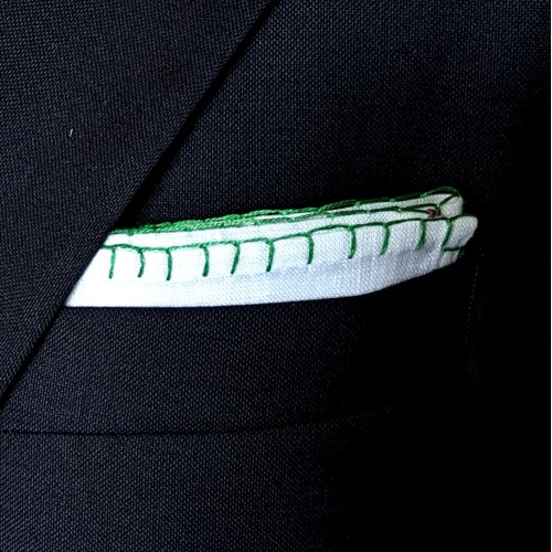 Bespoke handmade crochet blanket stitch Green linen pocket square by Spazio Artigianale