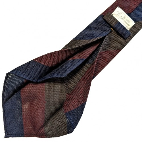 Spazio Artigianale Italian Silk Grenadine Garza Fina Shantung Navy Blue Brown Burgundy Block Stripe Bespoke Handmade Tie 