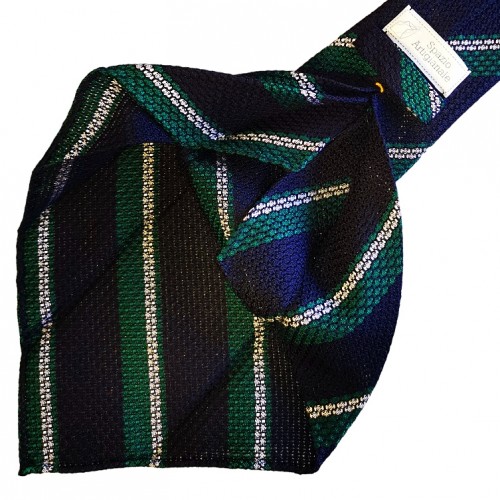 Spazio Artigianale Italian Sevenfold Silk Grenadine Grossa Navy Green White Stripe Bespoke Handmade Tie 