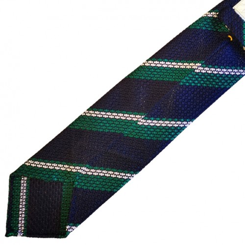 Spazio Artigianale Italian Sevenfold Silk Grenadine Grossa Navy Green White Stripe Bespoke Handmade Tie 