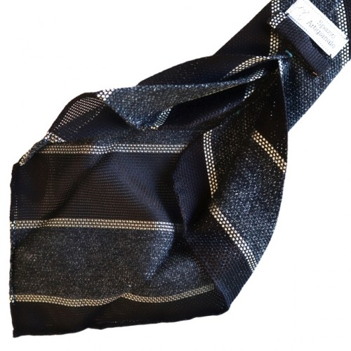 Spazio Artigianale Italian Silk Grenadine Fina Brown Grey White Block Stripe Bespoke Handmade Tie 