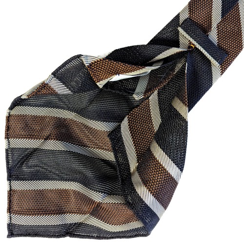 Spazio Artigianale Italian Silk Grenadine Fina Midnight Blue Brown White Stripe Bespoke Handmade Tie 