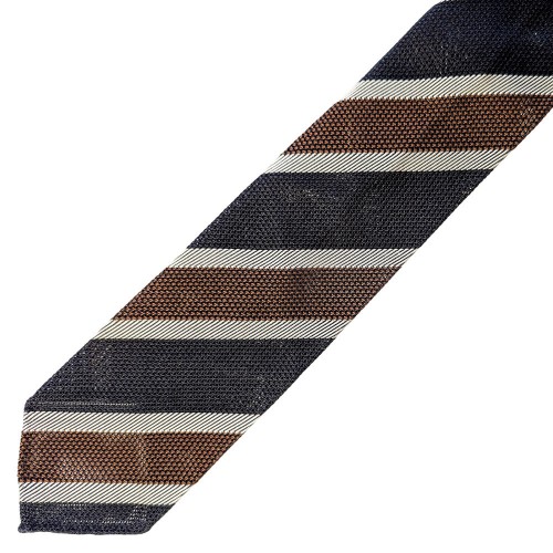 Spazio Artigianale Italian Silk Grenadine Fina Midnight Blue Brown White Stripe Bespoke Handmade Tie 