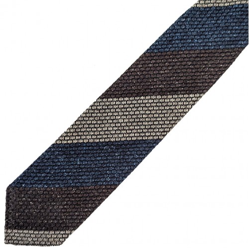 Spazio Artigianale Italian Silk Grenadine Garza Grossa Blue Brown Tan Melange Block Stripe Bespoke Handmade Tie 