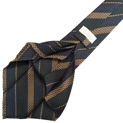 Spazio Artigianale Italian Silk Grenadine Grossa Navy Salmon Pink Green Stripe Bespoke Handmade Tie 