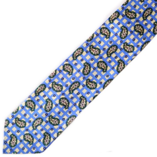 Spazio Artigianale Italian Silk Neat Paisley Over Squares Sky Blue Off White Green Bespoke Handmade Tie 