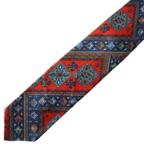 Spazio Artigianale Italian Silk Tapestry Geometric Pattern Navy Brown Red White Bespoke Handmade Tie 