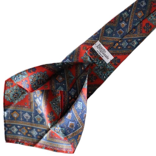 Spazio Artigianale Italian Silk Tapestry Geometric Pattern Navy Brown Red White Bespoke Handmade Tie 