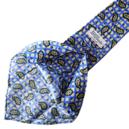 Spazio Artigianale Italian Silk Neat Paisley Over Squares Sky Blue Off White Green Bespoke Handmade Tie 