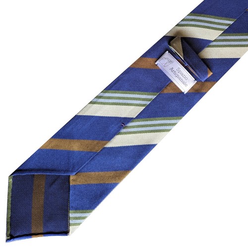 Spazio Artigianale Italian Silk Royal Blue Brown Green Cream Repp Stripe Bespoke Handmade Tie 