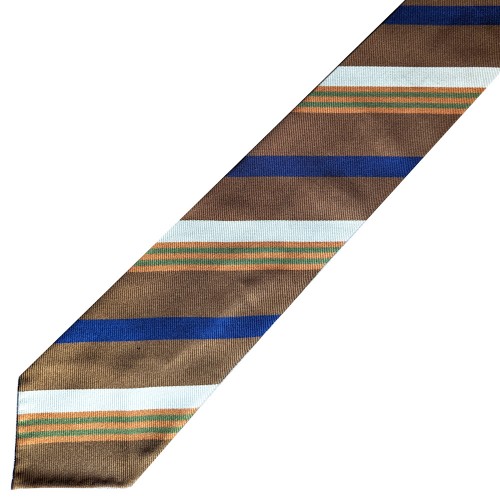 Spazio Artigianale Italian Silk Brown Blue Green Gold Cream Repp Stripe Bespoke Handmade Tie 