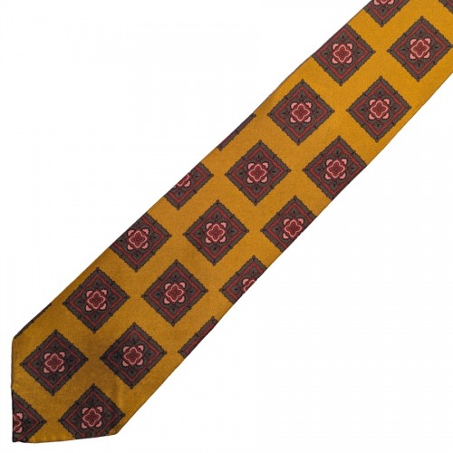 Spazio Artigianale Italian Twill Silk Big Squares Mustard Yellow Grey Pink Burgundy Bespoke Handmade Tie 