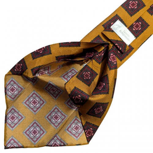 Spazio Artigianale Italian Twill Silk Big Squares Mustard Yellow Grey Pink Burgundy Bespoke Handmade Tie 