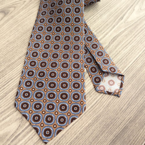 Spazio Artigianale Italian Twill Silk Floral Geometric Tan Burgundy Sky Blue Bespoke Handmade Tie 