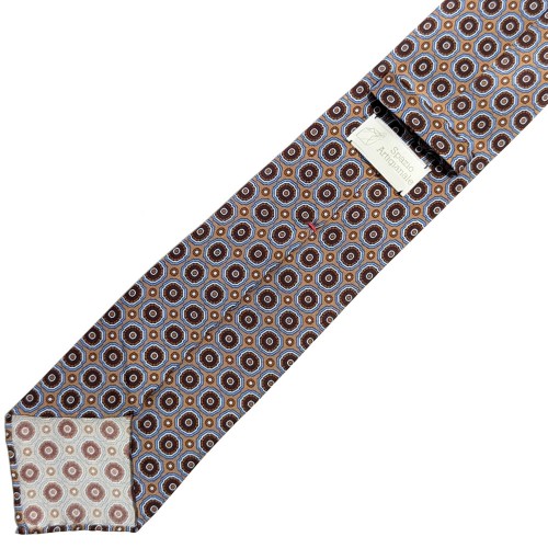 Spazio Artigianale Italian Twill Silk Floral Geometric Tan Burgundy Sky Blue Bespoke Handmade Tie 