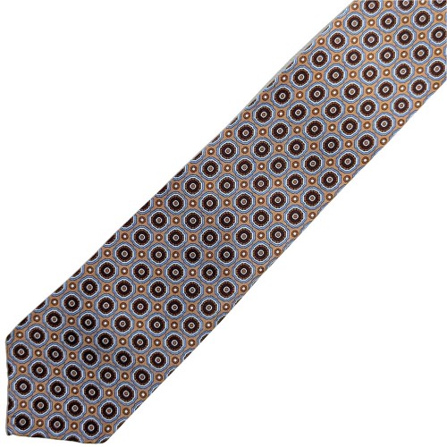 Spazio Artigianale Italian Twill Silk Floral Geometric Tan Burgundy Sky Blue Bespoke Handmade Tie 