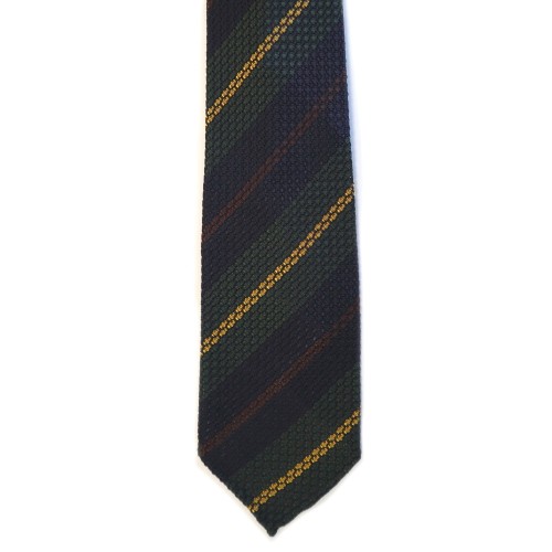 Spazio Artigianale Italian Sevenfold Silk Grenadine Grossa Midnight Blue Green Brown Yellow Stripe Bespoke Handmade Tie 