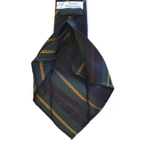 Spazio Artigianale Italian Sevenfold Silk Grenadine Grossa Midnight Blue Green Brown Yellow Stripe Bespoke Handmade Tie 