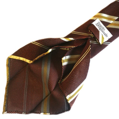 Spazio Artigianale Italian Silk Grenadine Fina Brown Rust Gold Tan Stripe Bespoke Handmade Tie 