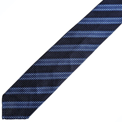 Spazio Artigianale Italian Silk Grenadine Garza Grossa Navy Blue Sky Stripe Bespoke Handmade Tie 