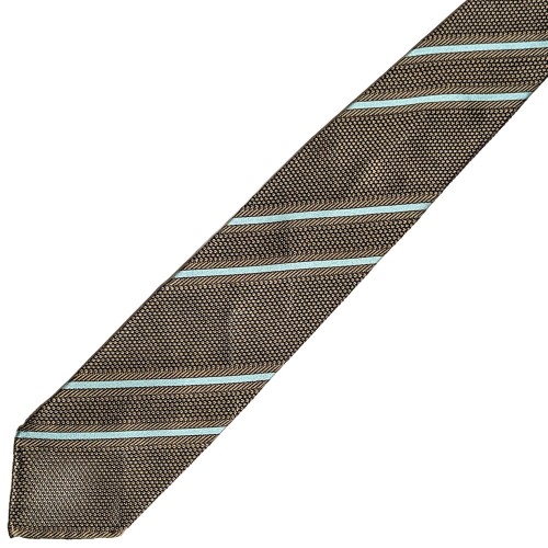 Spazio Artigianale Italian Silk Grenadine Fina Bronze Brown Aqua Blue Stripe Bespoke Handmade Tie 