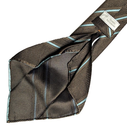 Spazio Artigianale Italian Silk Grenadine Fina Bronze Brown Aqua Blue Stripe Bespoke Handmade Tie 