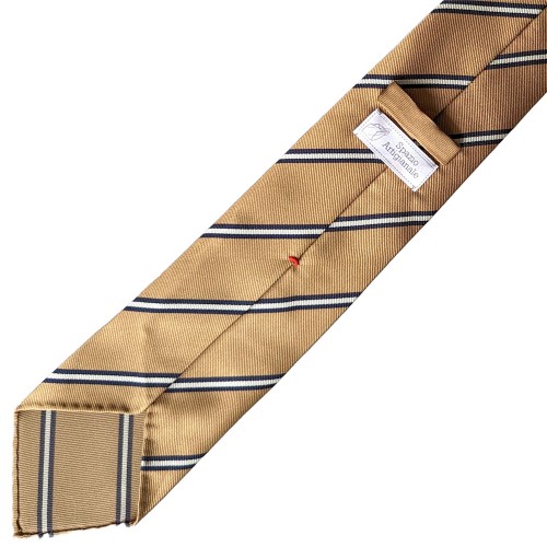 Spazio Artigianale Italian Silk Cotton Beige Navy White Repp Stripe Bespoke Handmade Tie 